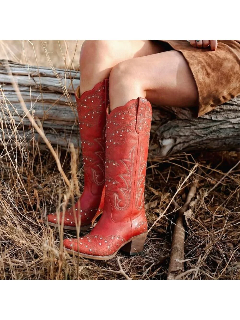 Women's Red Durable 3D Rhinestone Knee High Sparkly Embroidery Western Boots